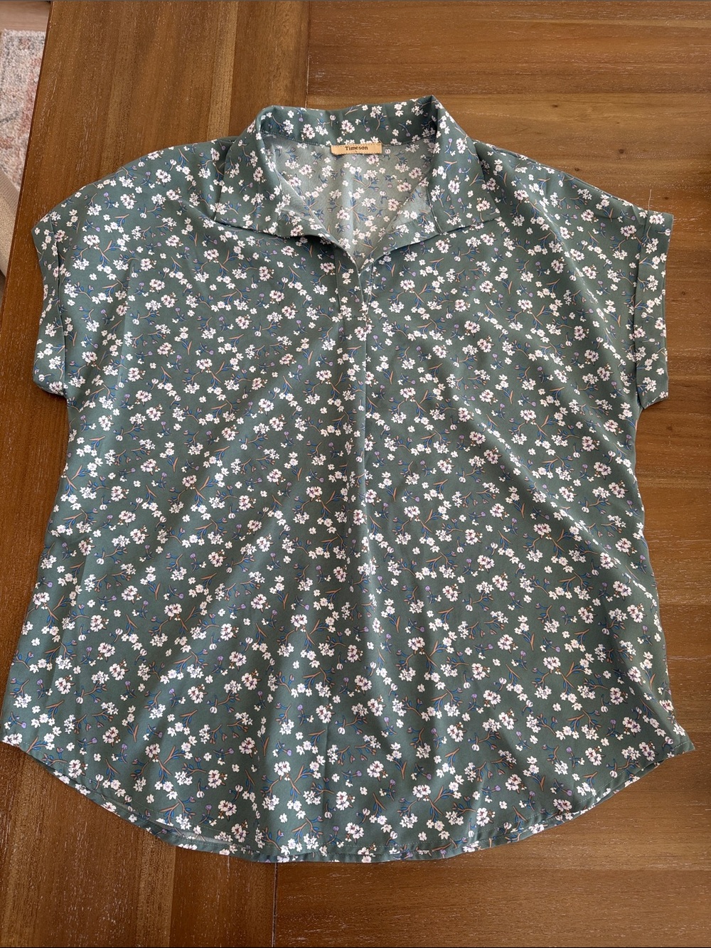 Timeson Women’s Floral Collared Short Cuffed Sleeve Top - Green Size Large